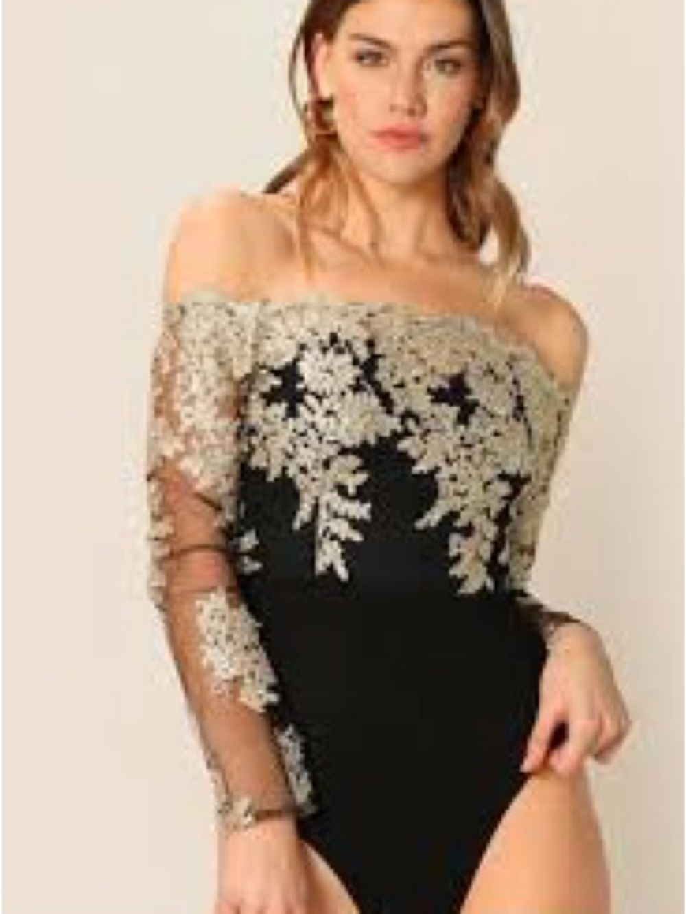 SHEIN Black Bodysuit with Gold Lace Trim